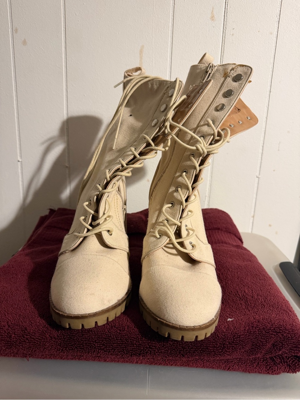 Canvas Lace-Up Combat Boots in Beige